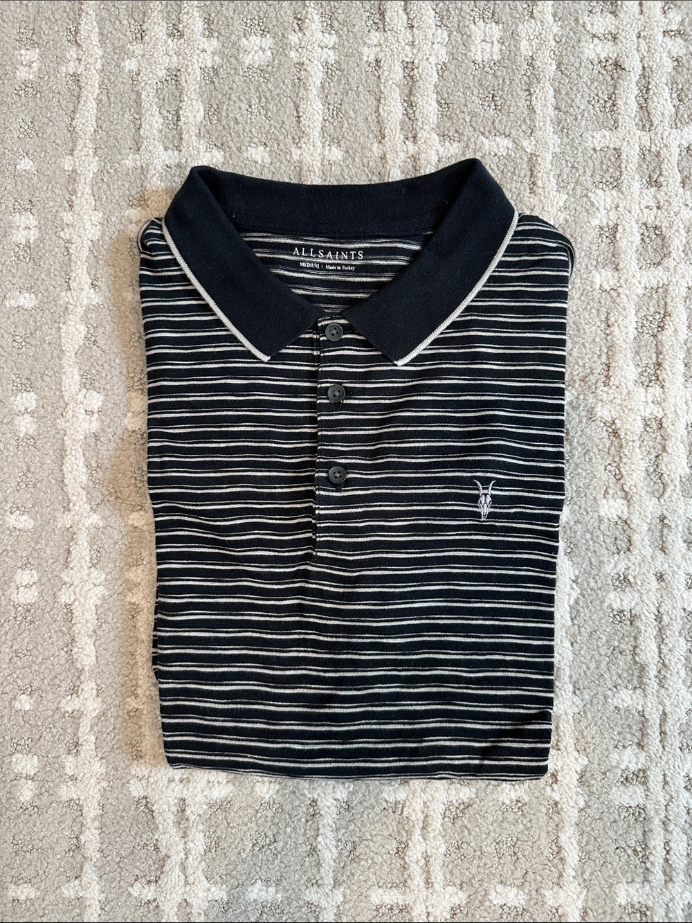 AllSaints Men's Black & White Thin-Stripe Polo